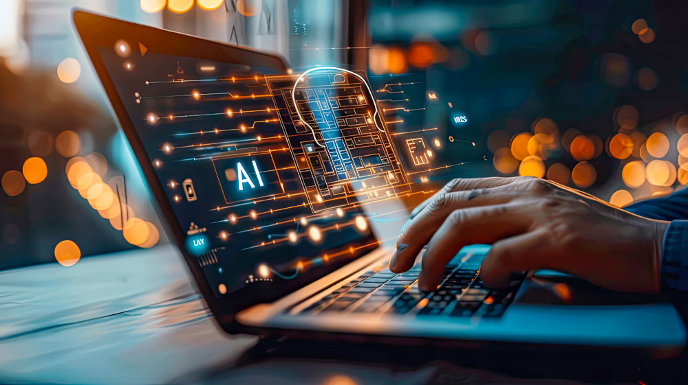 Neue Technologien, Künstliche Intelligenz im Einsatz Person am Laptop, KI-Nutzung, Schriftzug AI, Neue Technologien, Künstliche Intelligenz auch beim Anliegenmanagement möglich