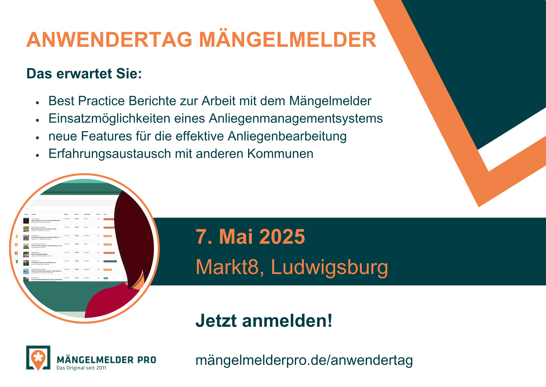 Werbeflyer Anwendertag Mängelmelder 2025, Best Practice Anliegenmanagement, Erfahrungsaustausch